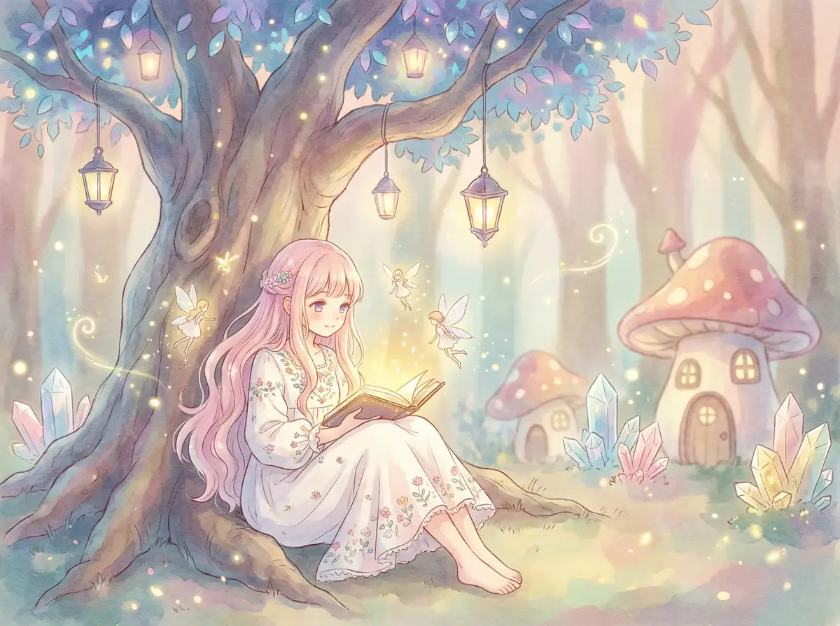 三级片电影 - 魔法森林中阅读故事书的粉发少女与精灵